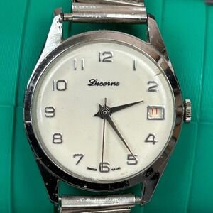 Vintage Lucerne Swiss Made Men's Watch White Dial Date Expandable‎ Band P/R